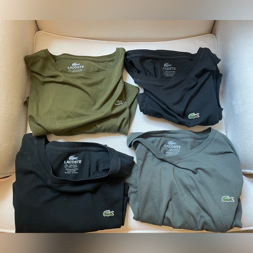 Lacoste Pima Cotton shirt. Lot. Four total, 3 colors. 2 back, 1 gray, 1 Olive.
